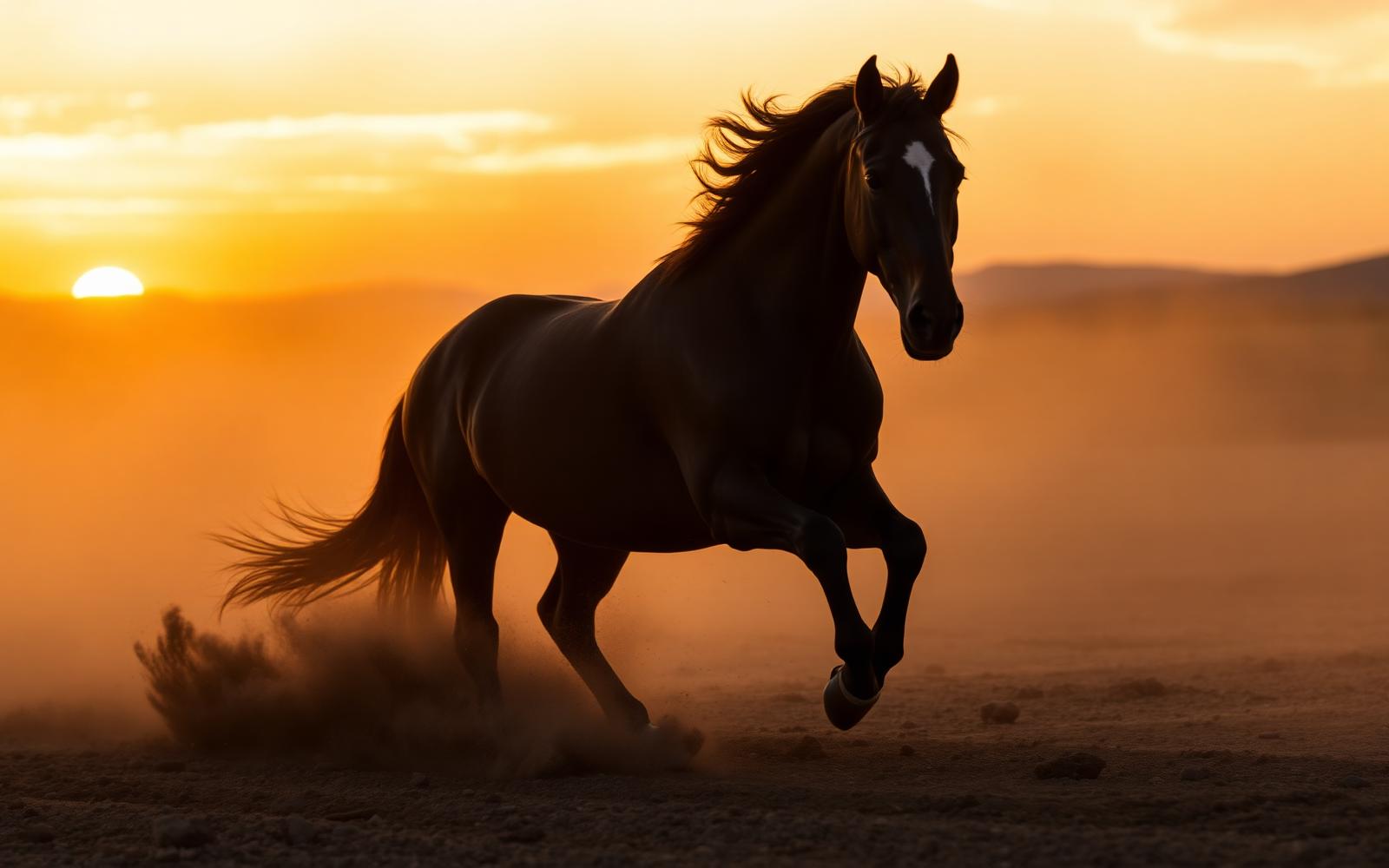 Dark bay horse galloping through golden dust at sunset